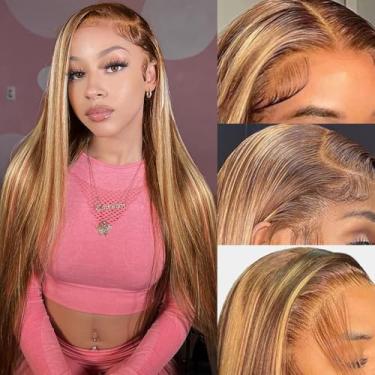Imagem de Perucas de cabelo humano com destaque ombré, 33 x 15 cm, cabelo humano, pré-arrancado, HD, transparente, liso e frontal, densidade 180% sem cola, peruca de cabelo humano loiro mel colorido 4/27 para