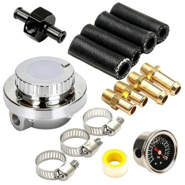 Imagem de BHB Kit universal de regulador de pressão de combustível de liga de zinco 1-5 PSI compatível com carburador único e carburador duplo com medidor de pressão de escala de 0-15 PSI com mangueiras de