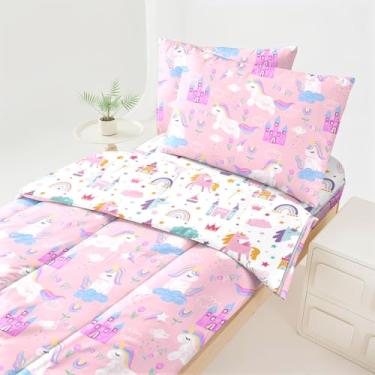 Imagem de Dearller Jogo de cama solteiro com zíper, unicórnio, rosa, para meninas, tudo em um, com zíper, roupa de cama rosa