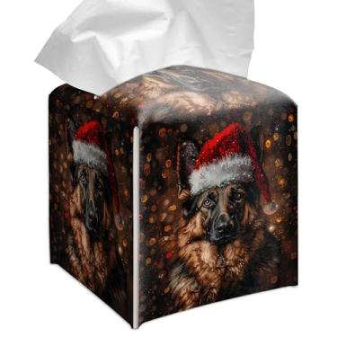 Imagem de Grace Yonks Capa quadrada de caixa de lenços de Natal, pastor alemão, cubo para lenços faciais, couro PU de 13 cm (057)