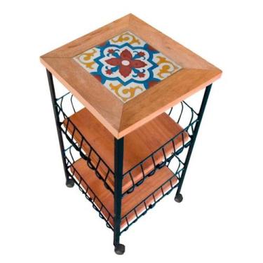 Imagem de Fruteira de ferro e Madeira Ladrilho Hidráulico artesanal Com Rodinhas