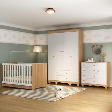 Imagem de Quarto de Bebê Completo com Berço Americano 3 em 1 Dengo Multimóveis Mp4584 Madeirado/branco