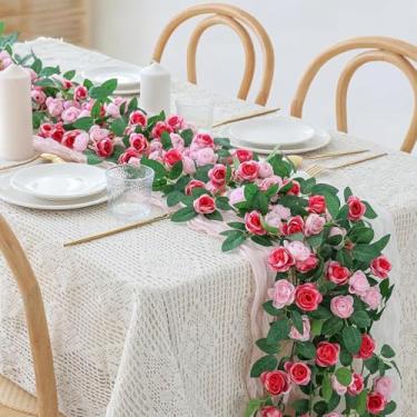 Imagem de KTGOW 4 peças de guirlanda de flores, flores artificiais, vinhas de rosa, guirlanda falsa para decoração de festa de casamento, parede de jardim, rosa