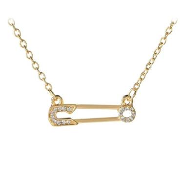 Imagem de KOFISNI Colar de alfinete de segurança para mulheres, colar com pingente de coração rosa e cristal dourado, colar de pingente de clipe de papel de zircônia cúbica delicada, joia moderna, presente