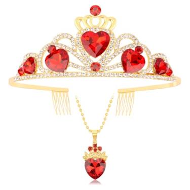Imagem de Tihebax Conjunto de coroa e colar da rainha de copas para fantasia de descendentes, tiara de coração vermelho e acessórios para mulheres coroa de pêssego princesa - acessórios de fantasia de Rainha de
