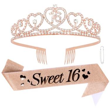 Imagem de CURASA Conjunto de faixa e tiara de aniversário de 16 anos de ouro rosa para meninas, coroa de aniversário de 16 anos, decoração de festa de 16 anos, faixa de princesa para meninas