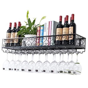 Imagem de Prateleiras de vinho de metal vintage montadas na parede, suporte flutuante para copos de vinho, suporte de taças, suporte organizador de armazenamento de prateleira de parede, preto (tamanho: 100 ×