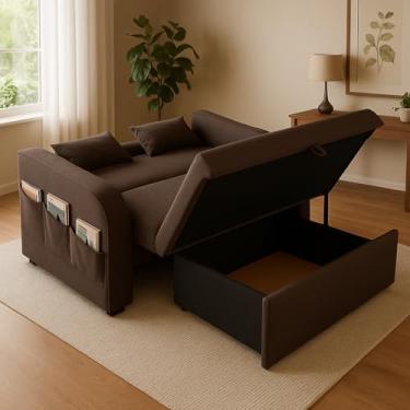 Imagem de Sofá-Cama Retrátil Lady Day 140cm com Baú e Almofadas em Veludo Marrom Sofisticado
