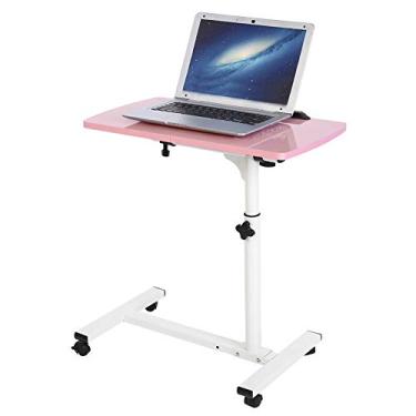 Imagem de Mesa lateral de sofá ajustável com cesta de armazenamento, mesa de sobrecama rolante, mesa compacta para laptop, mesa de lanche com rodas - ideal para sala de estar ou quarto (rosa)