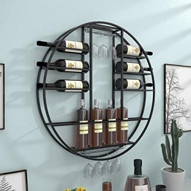 Imagem de Prateleiras de vinho redondas pretas montadas na parede para garrafa de vinho e suporte de taça de vidro para pendurar copos de metal prateleira de armazenamento prateleiras, para bar em casa, sala de