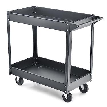Imagem de Carrinho de ferramentas de 2 níveis, carrinho de serviço utilitário com moldura de metal resistente com 4 rodas e alça, carrinho de armazenamento com rodinhas para escritório, garagem, armazém e