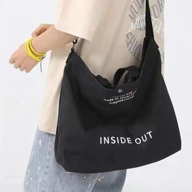 Imagem de Sacola casual grande de lona com estampa do alfabeto, bolsa de ombro moderna com zíper e alça ajustável - para mulheres - adequada para trabalho, deslocamento, faculdade e transporte de livros, preta