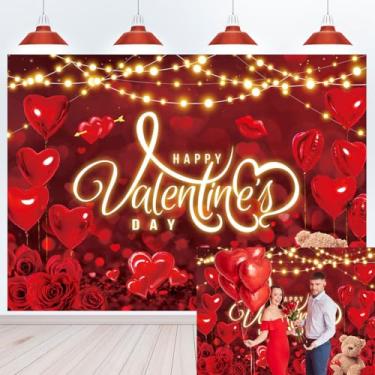 Imagem de Cenário de Dia dos Namorados Coração Vermelho Amor Rosa Fundo Fotográfico para Aniversário, Casamento, Chuveiro de Nupcial, Decorações de Festa Adereços de Cabine de Fotos (2,8 x 1,5 m)