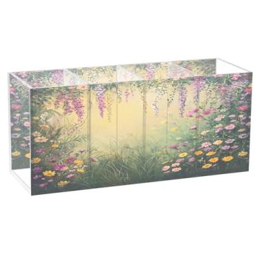 Imagem de SEHANY Porta-canetas de parede vintage de jardim para mesa, 4 compartimentos, porta-lápis de acrílico, organizador de pincéis de maquiagem, organizador de papelaria para escritório, casa