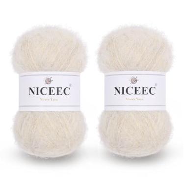 Imagem de NICEEC 2 novelos de fio de mohair de pelo longo, fofo e felpudo, luxuoso e fino, fio de mistura de lã elegante para crochê e tricô, total de 79,9 g/788 m - off-white