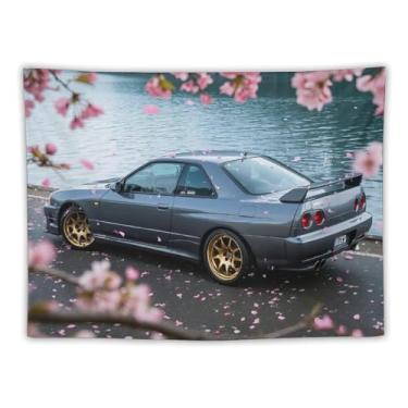 Imagem de HouLaiZhe JDM Tapeçaria de carro flores de cerejeira carro R32 à beira do lago pendurar na parede quarto decoração de casa tapeçarias estética piquenique decoração de parede arte de parede para