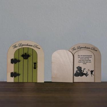 Imagem de ZNTU Porta de duende de abertura verde mini jardim de fadas portas de madeira para decoração de tronco de árvore portas de casa gnomo folclore irlandês porta de fada duende