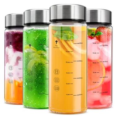 Imagem de Yirilan Pacote com 4 garrafas de suco de 473 ml, garrafas de vidro reutilizáveis com tampas, tampas de aço inoxidável, garrafa de água para sucos, vitaminas, água, à prova de vazamento, livre de BPA