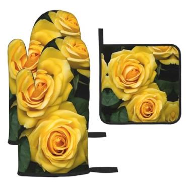 Imagem de Rosas amarelas – Conjunto de cozinha essencial com 3 peças, luvas resistentes ao calor e aderência da tampa, proteção para churrasco no forno, design de armazenamento suspenso.