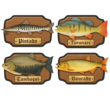 Imagem de Kit 4 Placas Peixes Pintado, Tucunaré, Tambaqui e Dourado - KF Imports