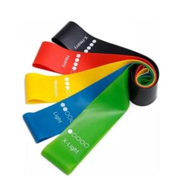 Imagem de Kit 5 Faixas Elásticas Mini Band para Exercício Funcional, Alongamento, Musculação e Reabilitação, Corpo Todo, Casa e Academia Resistências Para Treinos Yoga Pilates Funcional