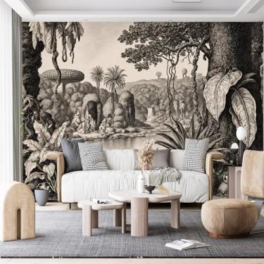 Imagem de Murais de parede de tamanho personalizado, paisagem pré-histórica vintage plantas cachoeira tecido de parede autoadesivo (sem PVC) papel de parede grande removível para sala de estar, quarto