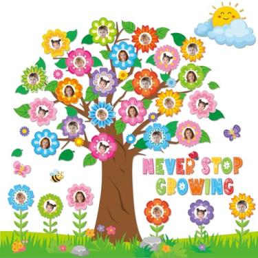 Imagem de Decoração de quadro de avisos de árvore de primavera, flores coloridas, borboleta, sala de aula, quadro de avisos, nunca pare de crescer, postagem de fotos, recortes de artesanato para casa, escola