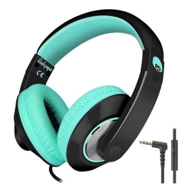 Imagem de rockpapa Comfort+ Fones de ouvido infantis com microfone, meninos e meninas, estudantes, fones de ouvido com fio para sala de aula, laptop, computador, tablet, preto, azul-petróleo