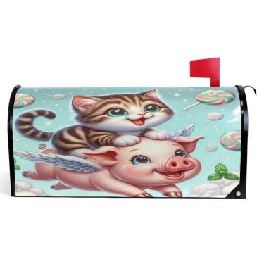 Imagem de TSENQUE Linda caixa de correio decorativa gatinho gato porco capas magnéticas primavera caixa de correio envoltório vinil fazenda decoração caixa de correio exterior tamanho padrão 52,6 x 45,8 cm