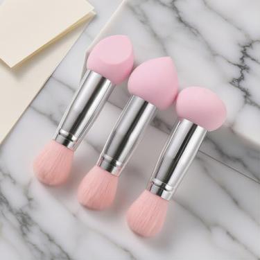 Imagem de Pincel de maquiagem de ponta dupla, pacote com 3 pincéis de maquiagem para viagem, portátil e macio (rosa prateado)