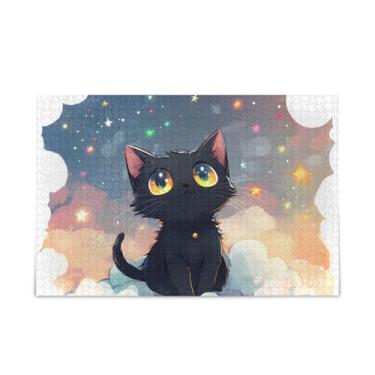 Imagem de Quebra-cabeça de gato preto, 1000 peças, quebra-cabeça composto de papel e madeira para homens com bolsa de armazenamento