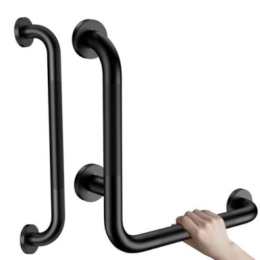 Imagem de Barra de apoio angular de 40,6 cm, barra de apoio iHansee antiderrapante em forma de L com barra de equilíbrio de banheiro reta de 40,6 cm, alça de segurança de aço inoxidável serrilhada para idosos