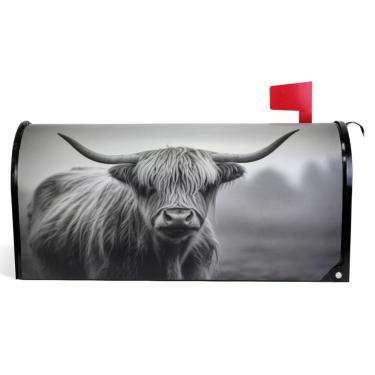 Imagem de TSENQUE Capas decorativas para caixa de correio magnética, outono, caixa de correio, vinil, à prova de intempéries, decoração de caixa de correio, preto, branco, vaca highland, tamanho padrão, 52,6 x