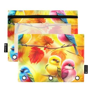 Imagem de Estojo de lápis colorido com 3 anéis, pássaros fofos, laranja, fichário com zíper, bolsa para lápis, fichários escolares, bolsos transparentes, pastel, 25 x 18 cm, 2 pacotes