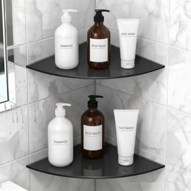 Imagem de LUOYKOIFY Prateleira de canto de vidro para prateleiras de chuveiro de banheiro, pacote com 2, preto flutuante temperado Esquinero para banho para organizador de chuveiro interno com montagem na