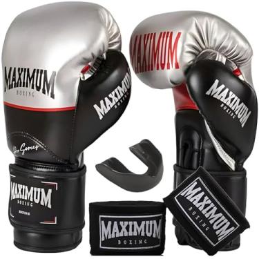 Imagem de Kit Luva de Boxe Muay Thai Kickboxing Profissional Prata + Bandagem + Bucal - Maximum Pro Series (14oz)