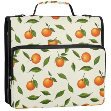 Imagem de Pasta de 3 anéis em creme de folhas de laranjas, anel D de 3,8 cm, organizador de fichários escolares com alça de ombro, vários bolsos, pasta grande para portfólio 34,5 x 31,5 x 9 cm