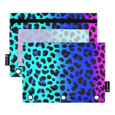 Imagem de GAIGEO Bolsa para lápis de trabalho, 3 anéis, fichário com zíper, bolsas fofas para fichários escolares transparentes, leopardo, manchas pretas, gradiente, azul, rosa, 25 x 18 cm, 2 pacotes
