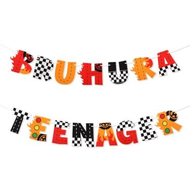 Imagem de Pré-Enfiado Bruh Ur a Teenager Faixa, Carro Corrida Aniversário Decorações Preto e Branco Xadrez Corrida Temático 13° Adolescente Aniversário Festa Suprimentos para Adolescentes Meninos