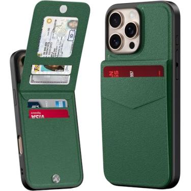 Imagem de Bemal Capa carteira para iPhone 16 Pro Max, suporte de cartão embutido, bloqueio RFID, suporte de couro PU, fecho magnético, capa de telefone durável à prova de choque para mulheres e homens, verde