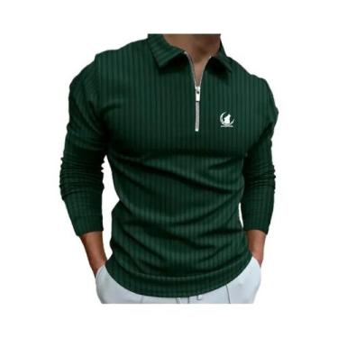 Imagem de Camisa polo com zíper manga comprida masculina, roupa listrada, nova -