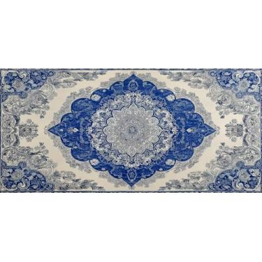 Imagem de Rsaoyan Mouse pad estendido, design de tapete persa, azul e bege, 90 x 40 cm, base de borracha com bordas costuradas, tapete de mesa para teclado para jogos