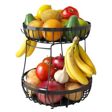 Imagem de wanhaoshangmao Cesta de frutas redonda de 2 camadas com cabide de banana, tigela empilhável de arame de metal para balcão de cozinha, armazenamento de pão de legumes, preta, 27 x 29 cm