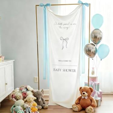 Imagem de HunnmingRe 152.4 cm x 61.0 cm Tecido Baby Shower Welcome Banner Sign A Little Pearl Is on the Way Grande Suporte de Exibição de Boas-Vindas Decoração com Fita de Laço para Cerimônia de Jardim Gramado