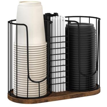 Imagem de BCOZLUX Suporte de copo de café de 510 g, 3 compartimentos, dispensador de copos de papel com base de madeira – organizador descartável, canudo e tampa, armazenamento 3 em 1 para bancada, café