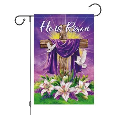 Imagem de Wodison He is Risen Bandeira de jardim de Páscoa 30,5 x 45,7 cm, serapilheira dupla face, cruz religiosa, cristã, lírio, flor, pomba, branca, letreiro, primavera, férias, decoração ao ar livre
