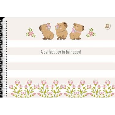 Imagem de Caderno de Cartografia e Desenho, 60 Folhas, Tema Floral com Capivaras, Tons Pastéis, Espiral, 27,5 x 20 cm, Papel e Metal