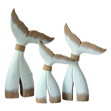 Imagem de Generic Conjunto de 3 Estatuetas de Cauda de Baleia em Madeira - Presente de Aniversário - Escultura Colecionável de Animal - Ornamento para Sala de Estar, Marrom Branco