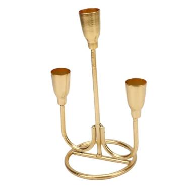 Imagem de WALFRONT Suporte de Vela de Ferro Vintage, Suporte de Castiçal Alto de Três Cabeças para Decoração de Casa de Jantar Com Lareira, Peça Central de Ferro Fundido Resistente 9x13x19cm (Ouro)