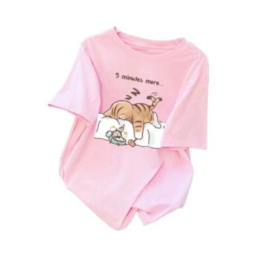 Imagem de Camiseta Feminina De Algodão Para O Verão Com Estampa De Gato Dormindo